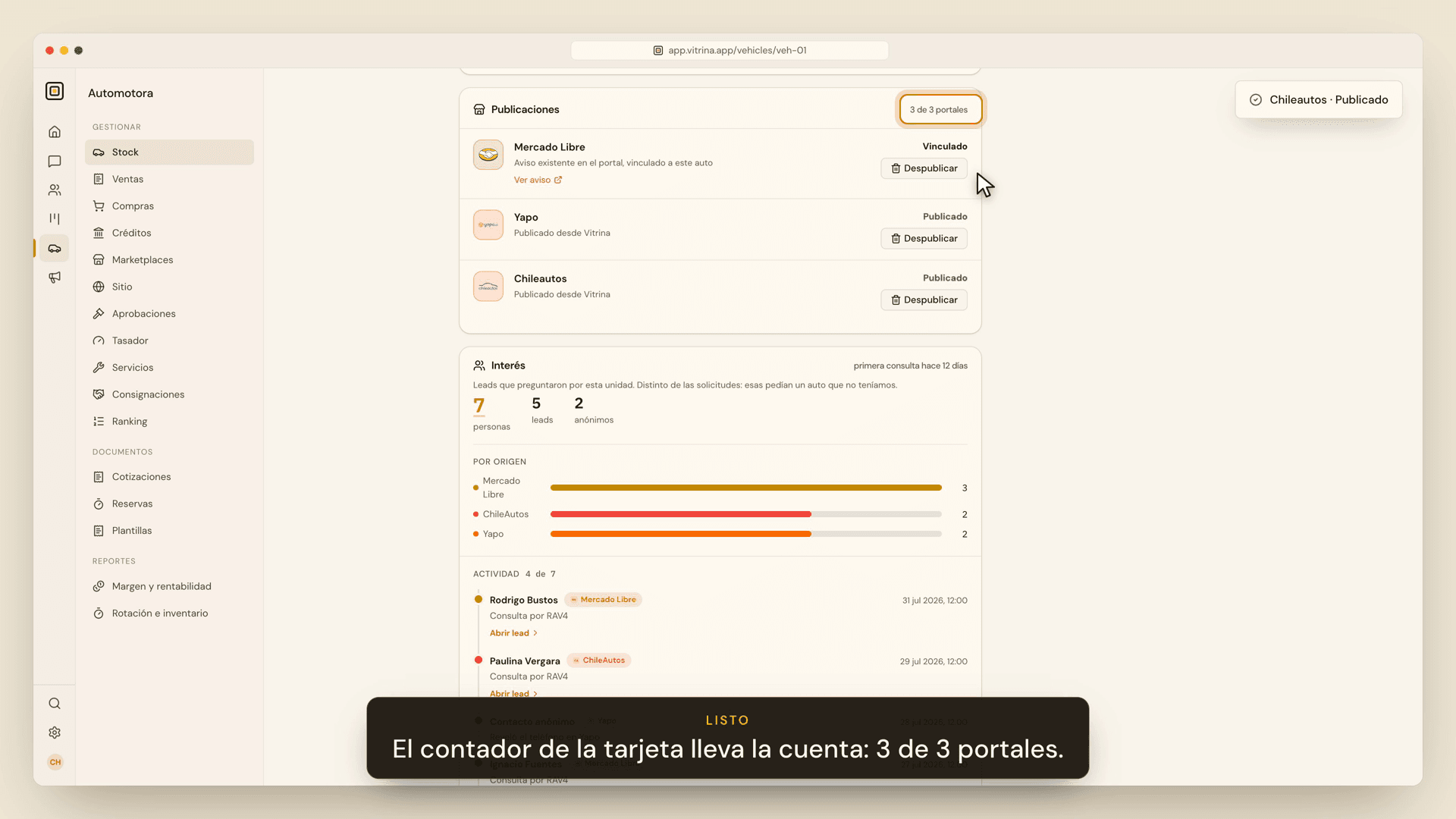 Tarjeta de Publicaciones dentro de la ficha de un auto, con Mercado Libre, Yapo y Chileautos listados y su estado en cada portal.